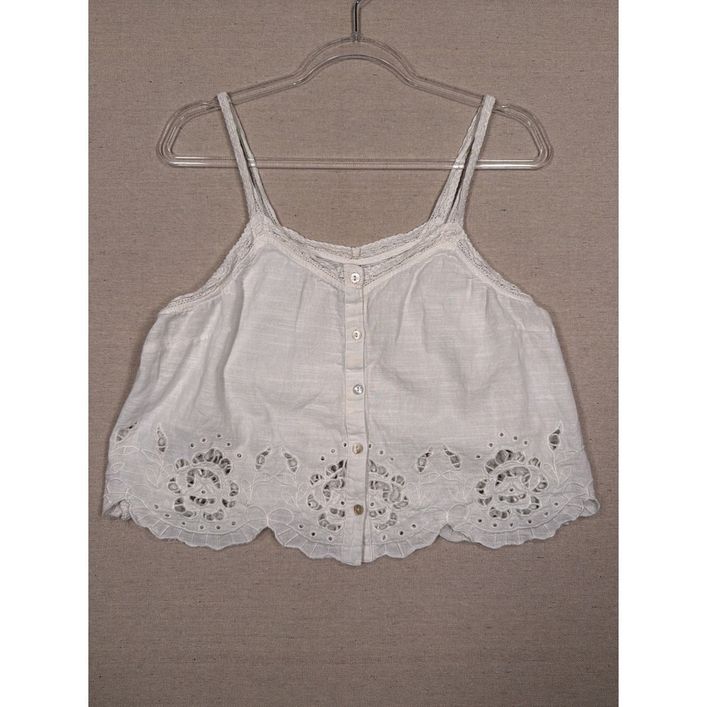 Anthropologie White Eyelet Lace Scalloped Hem Button Front Cami Top Medium
